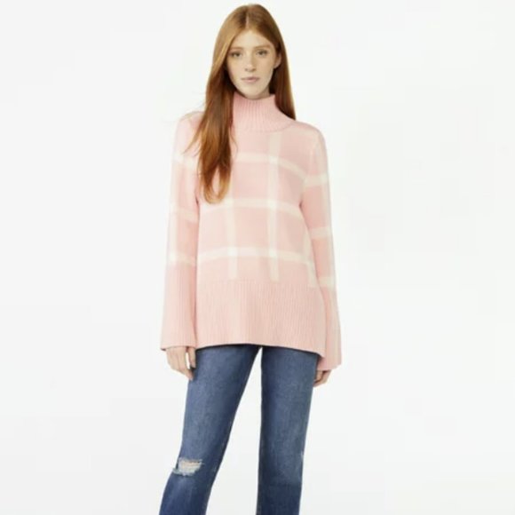 Free Assembly Rib Turtleneck Sweater Medium Pink Plaid Midweight New - Picture 6 of 9